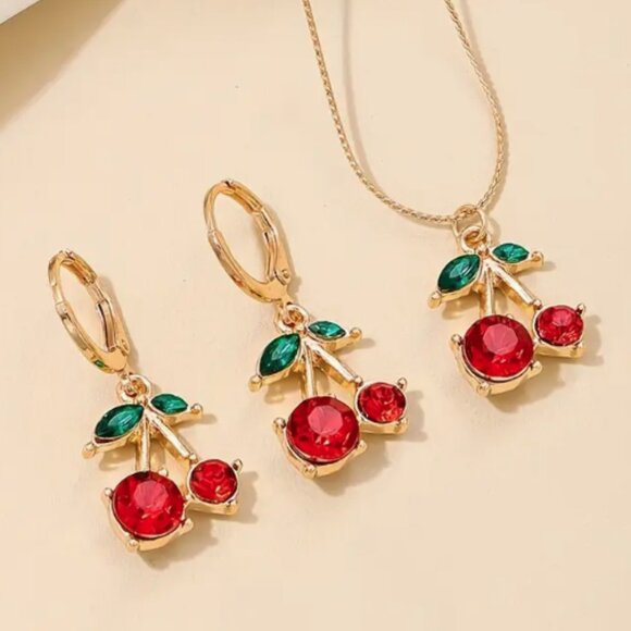 Red Cherry Necklace And Earrings Set NWT - Picture 5 of 5
